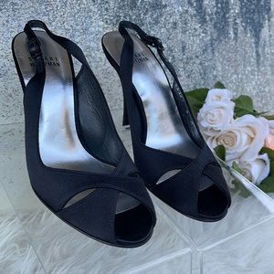 STUART WEITZMAN CACHET BLACK SATIN WOMENS OPEN TOE PUMPS. NWOT